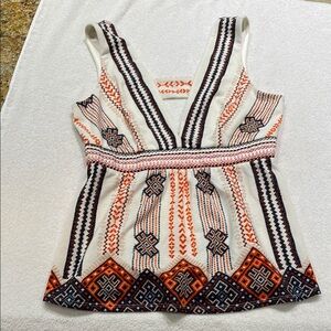 VENUS White Tank Top with Orange & Navy Embroidered Pattern